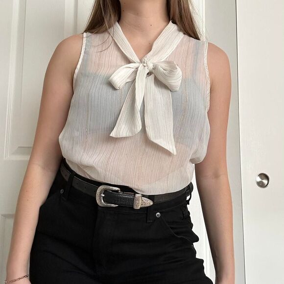 Cute Bow Tie Front White & Gold Metallic Stripe Blouse - Picture 2 of 4